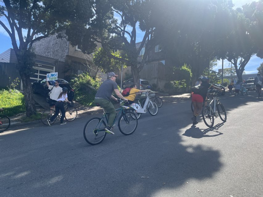 A group of people ride bicycles up a sunny residential street lined with trees and houses.