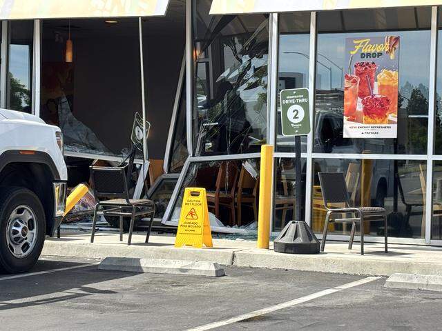Damage left behind after a vehicle plowed through the entrance at the Panera at Shaw and Marty Ave. in Fresno, California on Thursday, March 26, 2026.