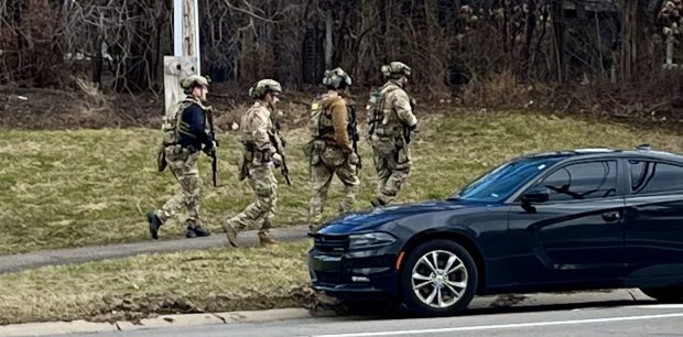 Part of the massive local, county and federal police response to the scene of a reported active shooter at Temple Israel in West Bloomfield on Thursday. (Peg McNichol / MediaNews Group)