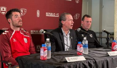 Republic FC team captain Lee Desmond, new president Tim Holt and head coach Neill Collins speak during a news conference about the team’s immediate future on Tuesday in Sacramento.