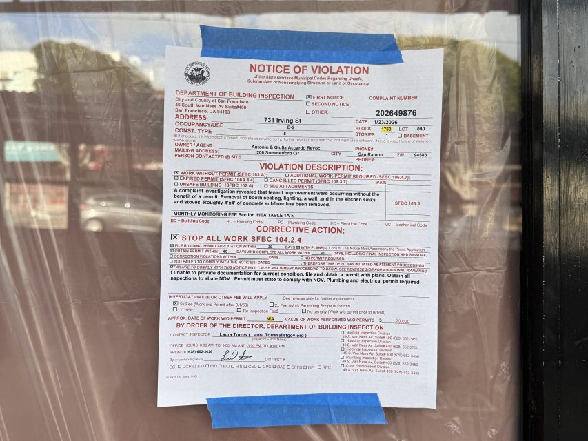 A Notice of Violation from the Department of Building Inspection is taped to a window, detailing address, violation description, and required corrective actions.