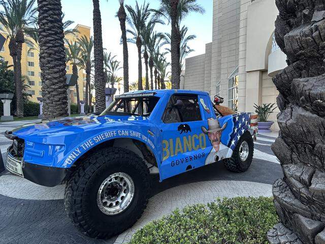 A vehicle decorated in support of Chad Bianco parked outside the California Republican Party’s convention in Orange County last year. Bianco gained national attention in the pandemic for pushing back against stay-at-home orders and vaccine mandates.