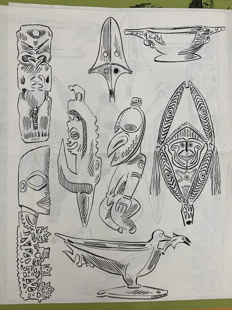 A collection of black and white line drawings depicting various tribal masks, faces, and bird figures with intricate patterns.