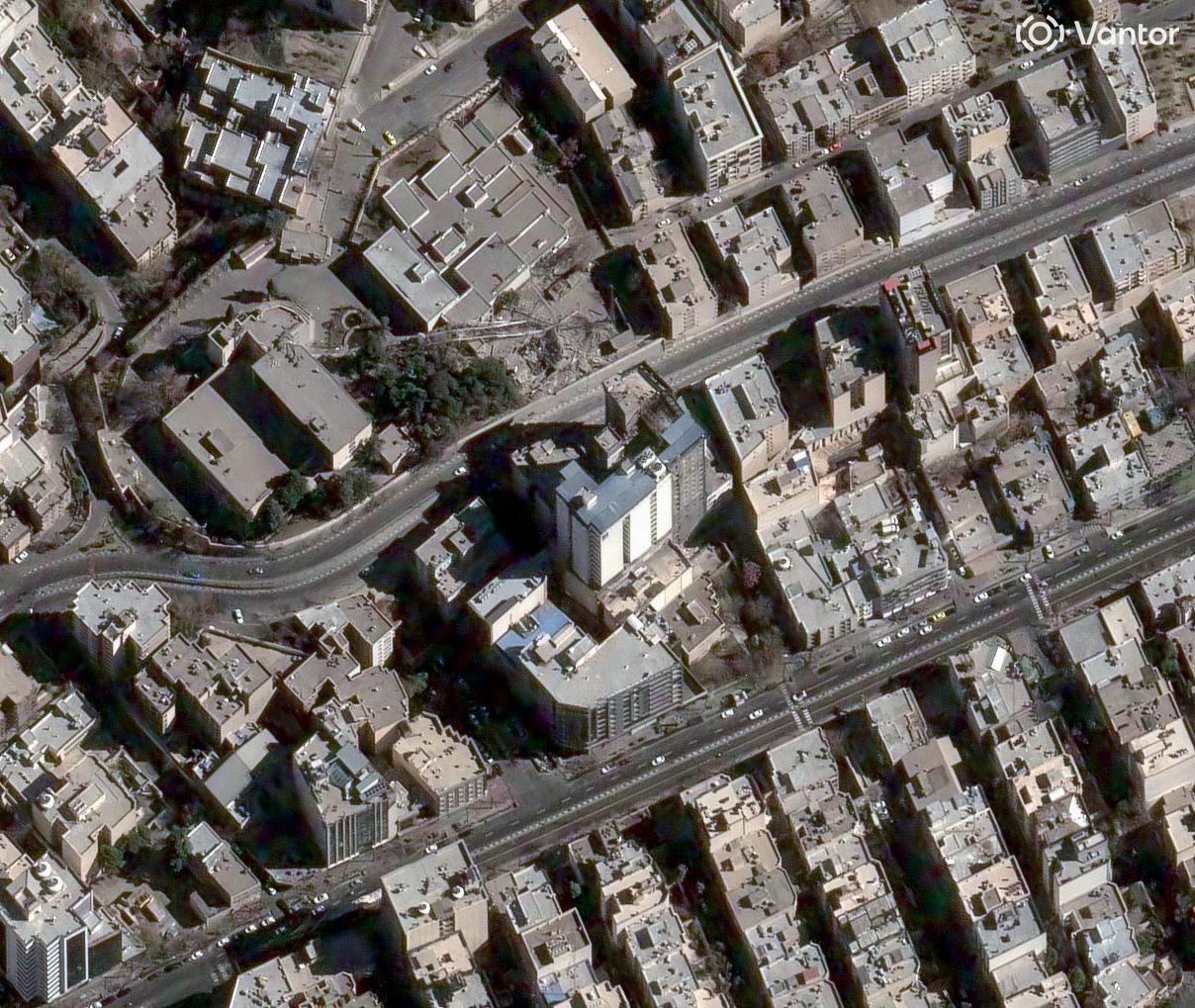 A satellite image shows damage to Gandhi Hospital after airstrikes in Tehran, Iran.