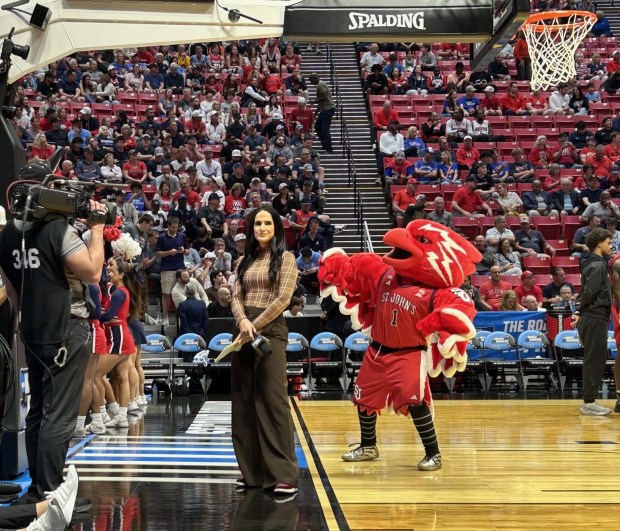 The St. John's mascot goofs around during a timeout against Kansas. (Kirk Kenney / San Diego Union-Tribune)