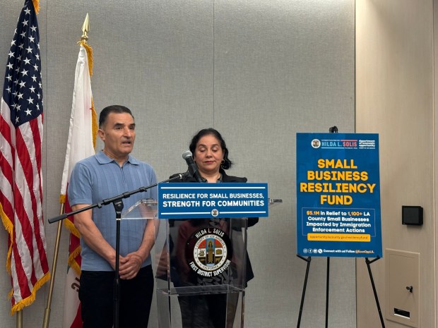 Gerardo and Maria D'Avila, owners of Taqueria Ameca in East Los Angeles, talk about the grant they received to help their small business at event at Hall of Administration on Thursday, March 12, 2026. (photo by Steve Scauzillo)