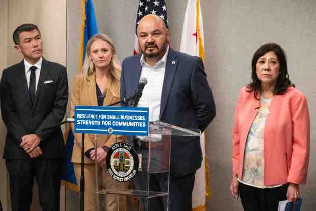 Los Angeles County Consumer & Business Affairs Dir. Rafael Carbajal speaks during a press conference on a business grant program for small businesses economically damaged by ICE and DHS raids with Stephen Cheung, CEO and president of LA County Economic Development Corporation, Kelly LoBianco, director of LA County Dept. of Economic Opportunity and LA County Sup. Hilda Solis in Los Angeles on Thursday, March 12, 2026. (Photo by Sarah Reingewirtz, Los Angeles Daily News/SCNG)