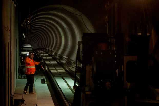 A construction car is moved along the tracks of the Metro D (Purple) Line beneath Wilshire Boulevard on Tuesday, April 2, 2024 in Los Angeles. Metro has completed the tunneling of the D (Purple) Line Subway Extension Project connecting downtown and West L.A. (Photo by Sarah Reingewirtz, Los Angeles Daily News/SCNG)