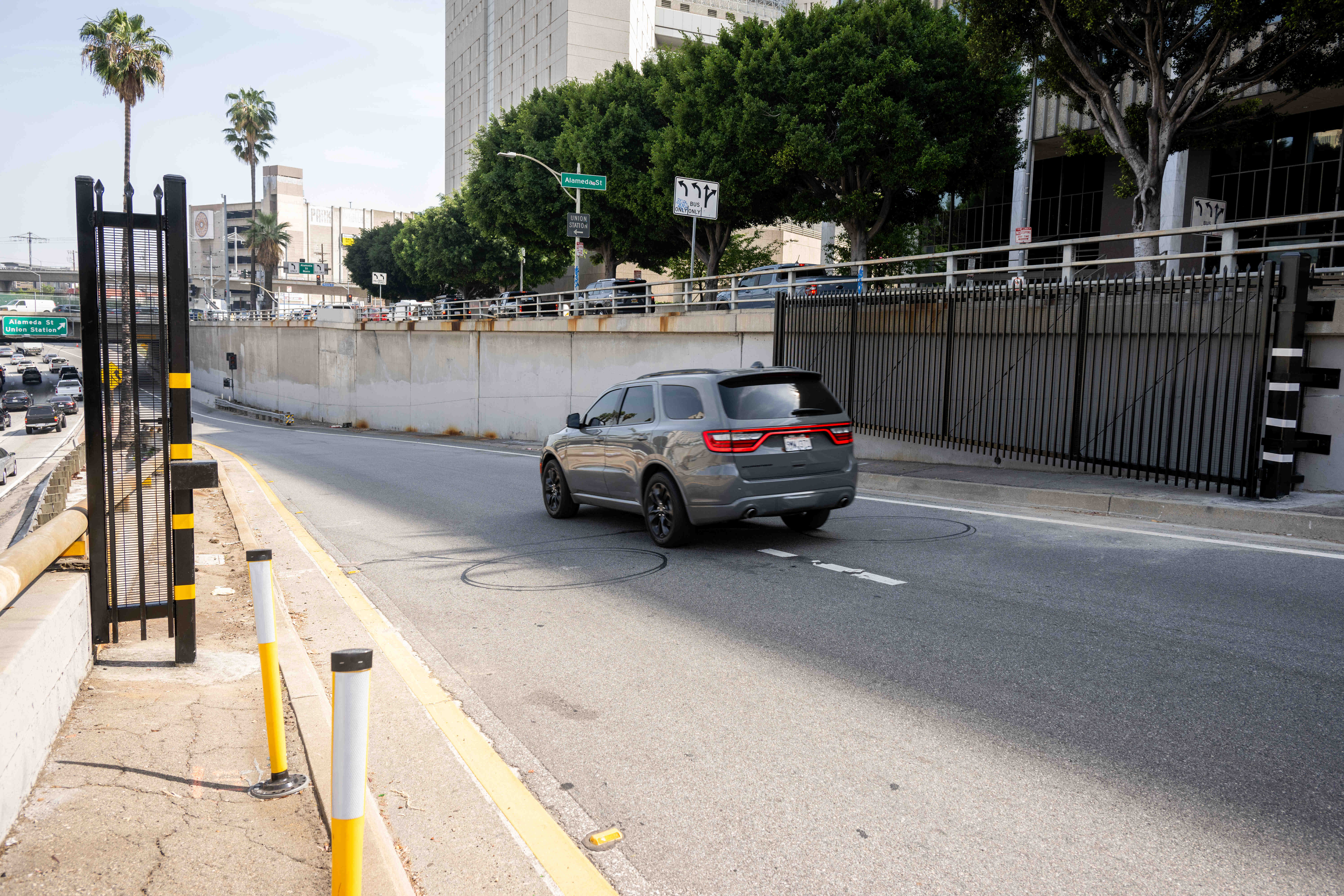 A vehicle enters the southbound Los Angeles Street onramp of...