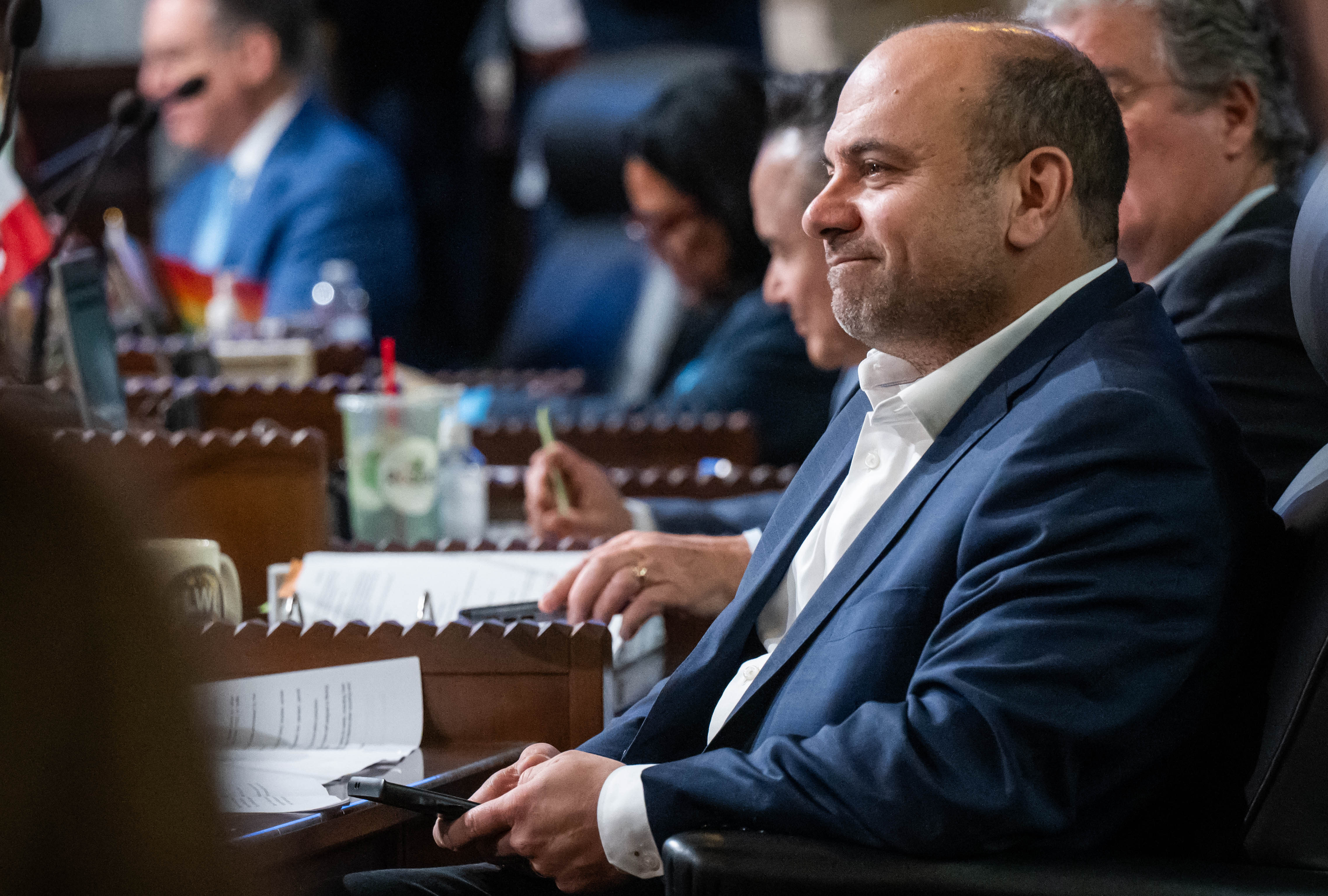 Councilmember Adrin Nazarian listens to film and television workers speak...