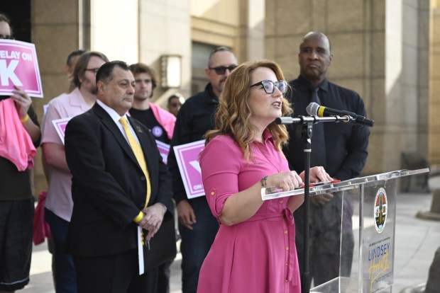 LA Metro Director (Board Member) Lindsey Horvath speaks ahead of the board's vote on advancing the 9.7-mile San Vicente-Fairfax alignment on Thursday, March 26, 2026. (Photo by Julianna Lozada)