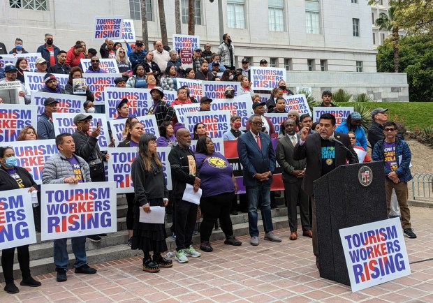 David Huerta, president of SEIU United Service Workers West, calls for the minimum hourly wage of hotel and airport workers in Los Angeles to increase to $25 during a press conference outside L.A. City Hall on Wednesday, April 12, 2023. (Photo by Linh Tat/SCNG)