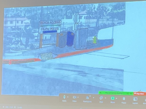 A rendering from Kurt Hoffman depicts his proposals for the end of Roseland Drive at Spindrift Drive, including a new sign, red curb paint and trash and recycling containers. (Photo by Noah Lyons)