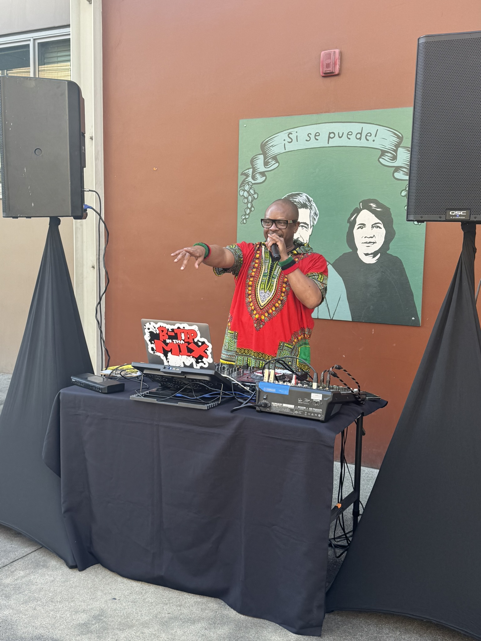 DJ James B-Tip Brown plays music to welcome students and...