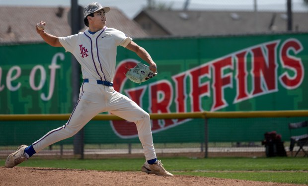 Los Alamitos' Ryan Deck pitches in the game against Wilson on Saturday, March 15, 2025. Los Alamitos pulled ahead in the sixth inning to beat Wilson, 5-3. (Photo by Mindy Schauer, Orange County Register/SCNG)