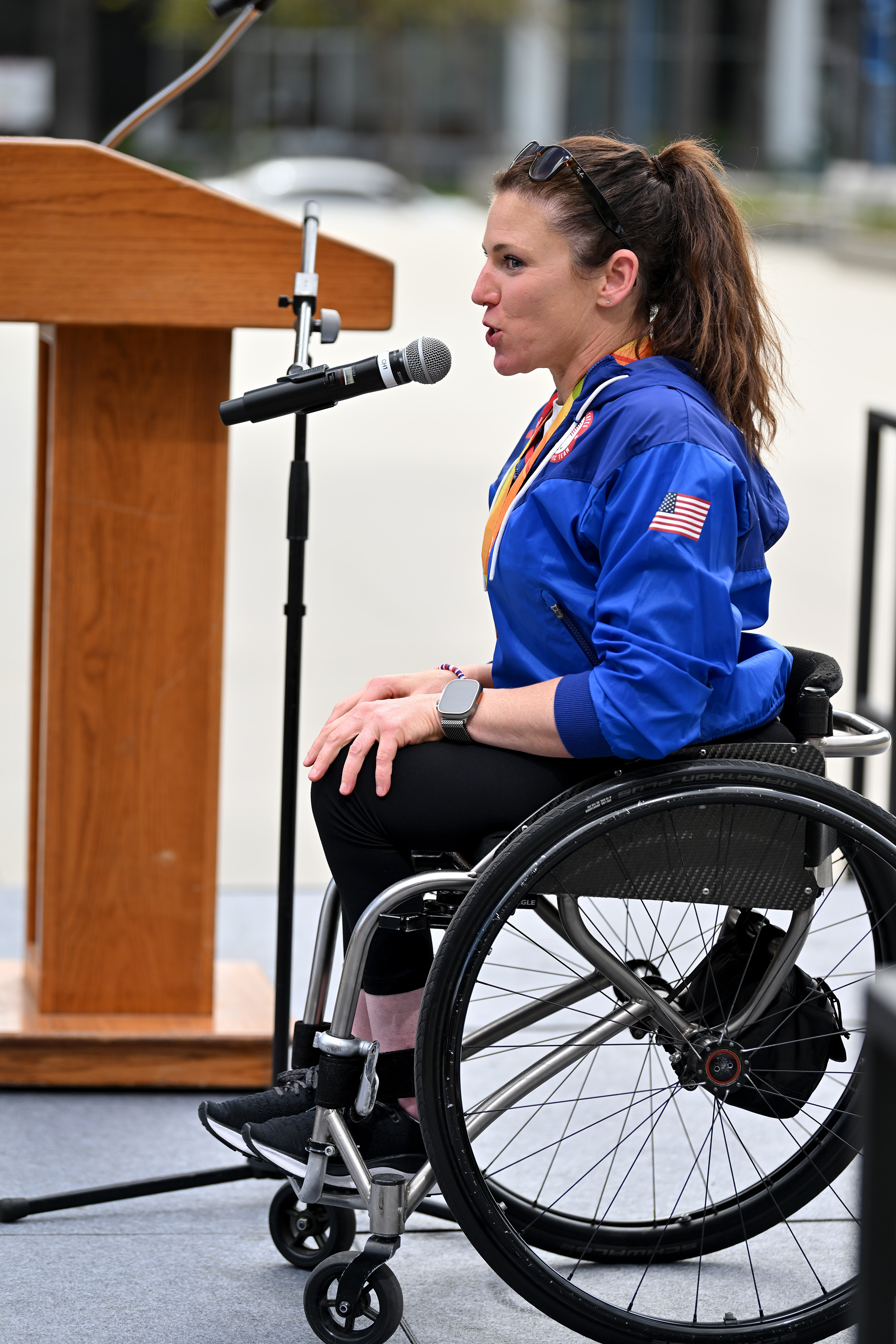 Olympian Amanda McGrory attends a community celebration for the opening...