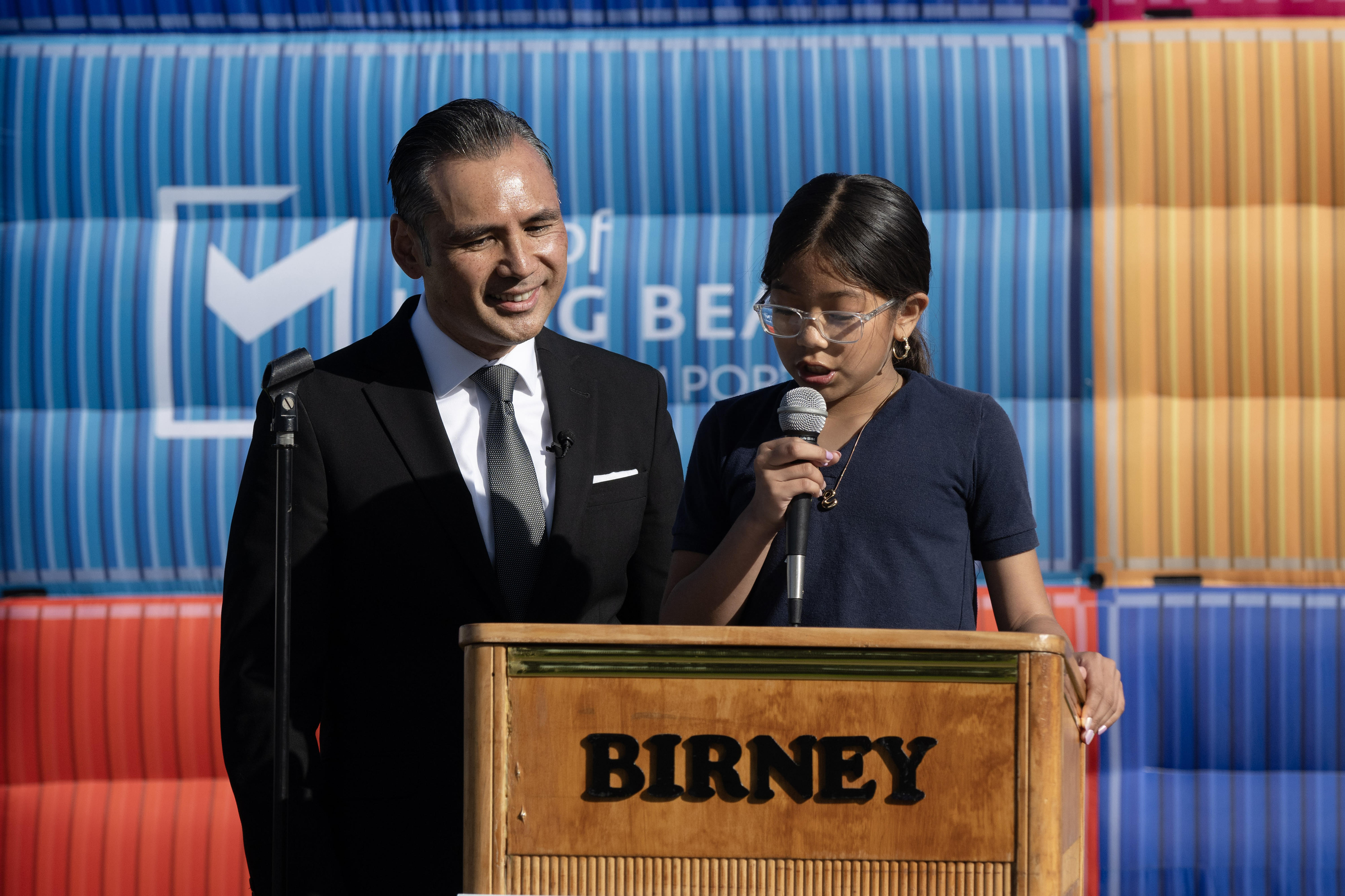 From right, ten-year-old Stella Guzman and Port of Long Beach...