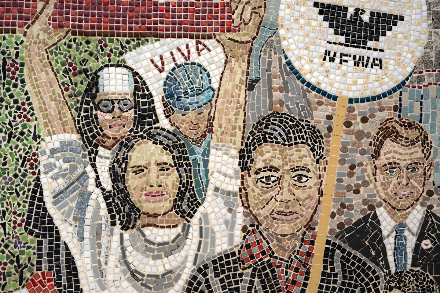 A mosaic depicting the labor leaders Cesar Chavez, foreground, and Dolores Huerta at Our Lady of Guadalupe Church in San Jose, Calif.