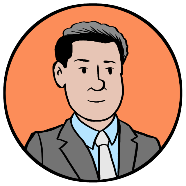 Illustration of a man with short dark hair, wearing a gray suit, light blue shirt, and white tie, set against an orange circular background.