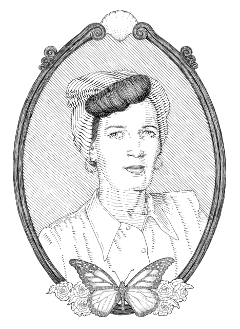 Black and white line drawing of Louise Lawrence in an oval frame, adorned with a butterfly and roses at the bottom, and a shell at the top of the frame.