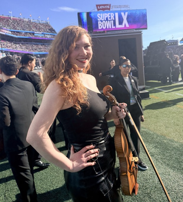 Violist Alexandra Simpson performed with Green Day during the Super Bowl pregame show at Levi's Stadium in Santa Clara on Feb. 8 (Courtesy of Alexandra Simpson)