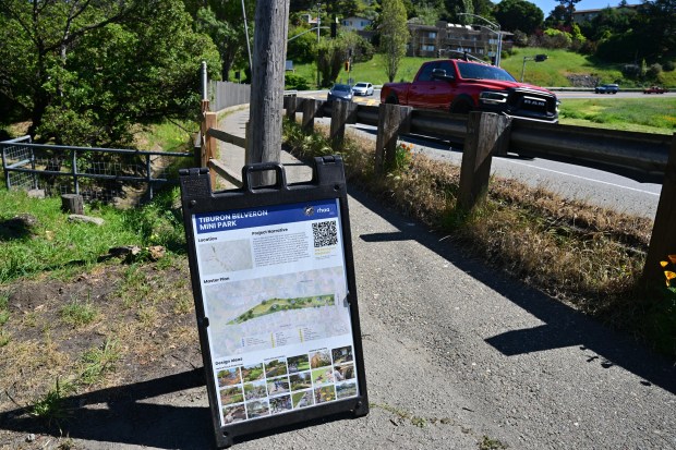 A project plan sign for Belveron Mini Park near the entrance of the park along Tiburon Boulevard in Tiburon, Calif., on Tuesday, March 17, 2026. (Sherry LaVars/Marin Independent Journal)