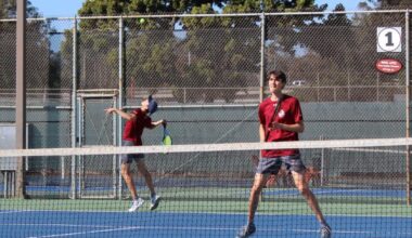 Hunter Lynch, left, delivers a serve during a doubles match while twin brother Thomas awaits the volley return. The brothers would win the set 8-2 on Friday, Feb 20, 2025. Photo by David J. Bohnet/City Times Media
