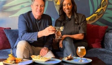 Liam Mayclem with Chef Michele McQueen at Lucy Blue in Oakland.