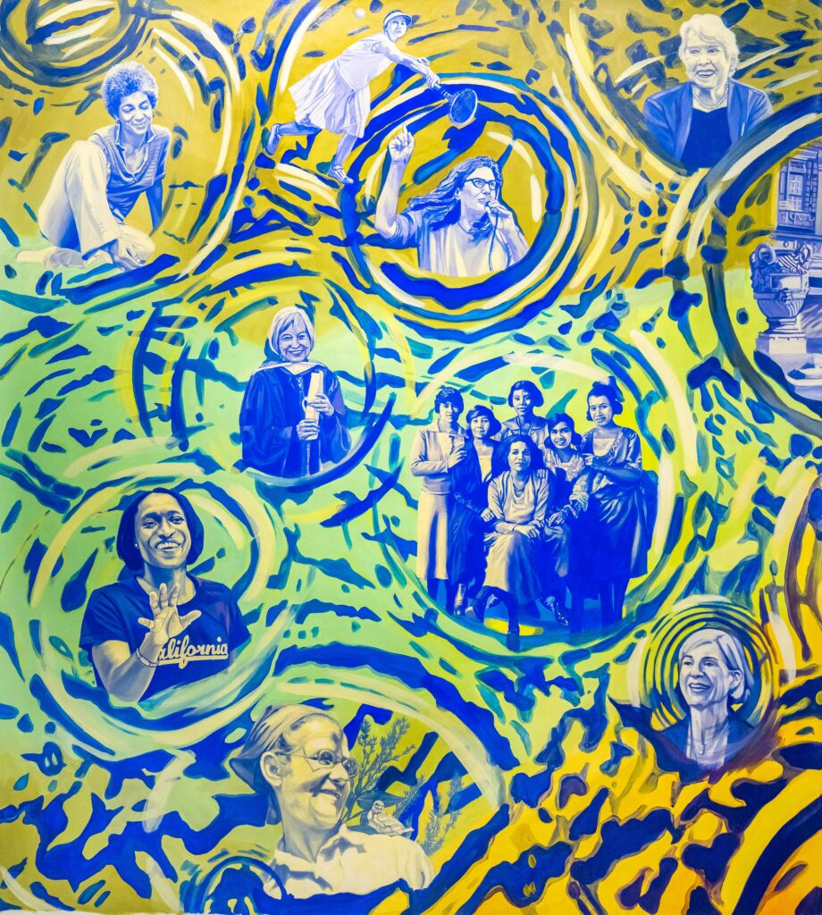 A segment of the mural showing several of the women featured against the rippling blue and yellow backdrop.