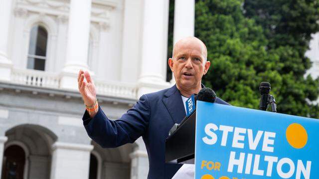 Republican gubernatorial candidate Steve Hilton, a former Fox News host, speaks at a rally last year. He’s been at the top of several recent polls, including one released Tuesday by the California Democratic Party.
