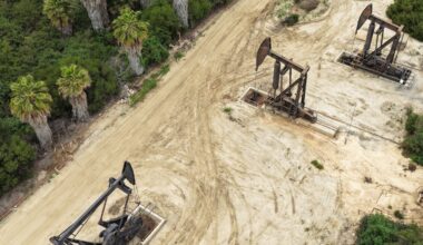 An aerial view as oil pumpjacks operate in the Inglewood Oil Field on March 10, 2026 near Los Angeles, California. A barrel of oil passed the $100 mark yesterday amid the war in Iran for the first time since the Russian invasion of Ukraine in 2022.