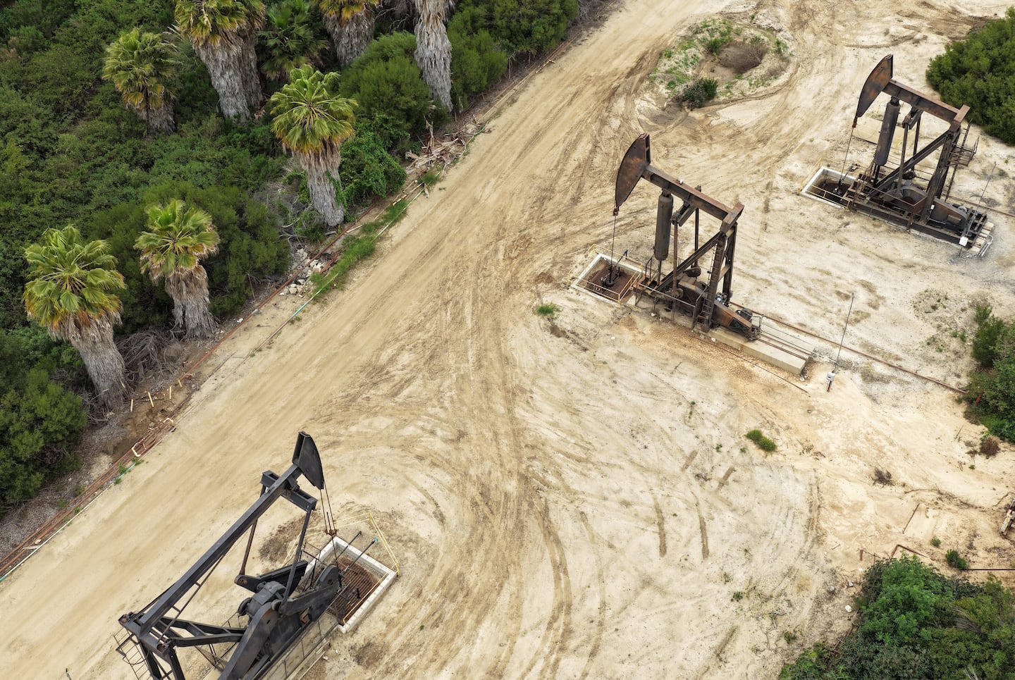 An aerial view as oil pumpjacks operate in the Inglewood Oil Field on March 10, 2026 near Los Angeles, California. A barrel of oil passed the $100 mark yesterday amid the war in Iran for the first time since the Russian invasion of Ukraine in 2022.
