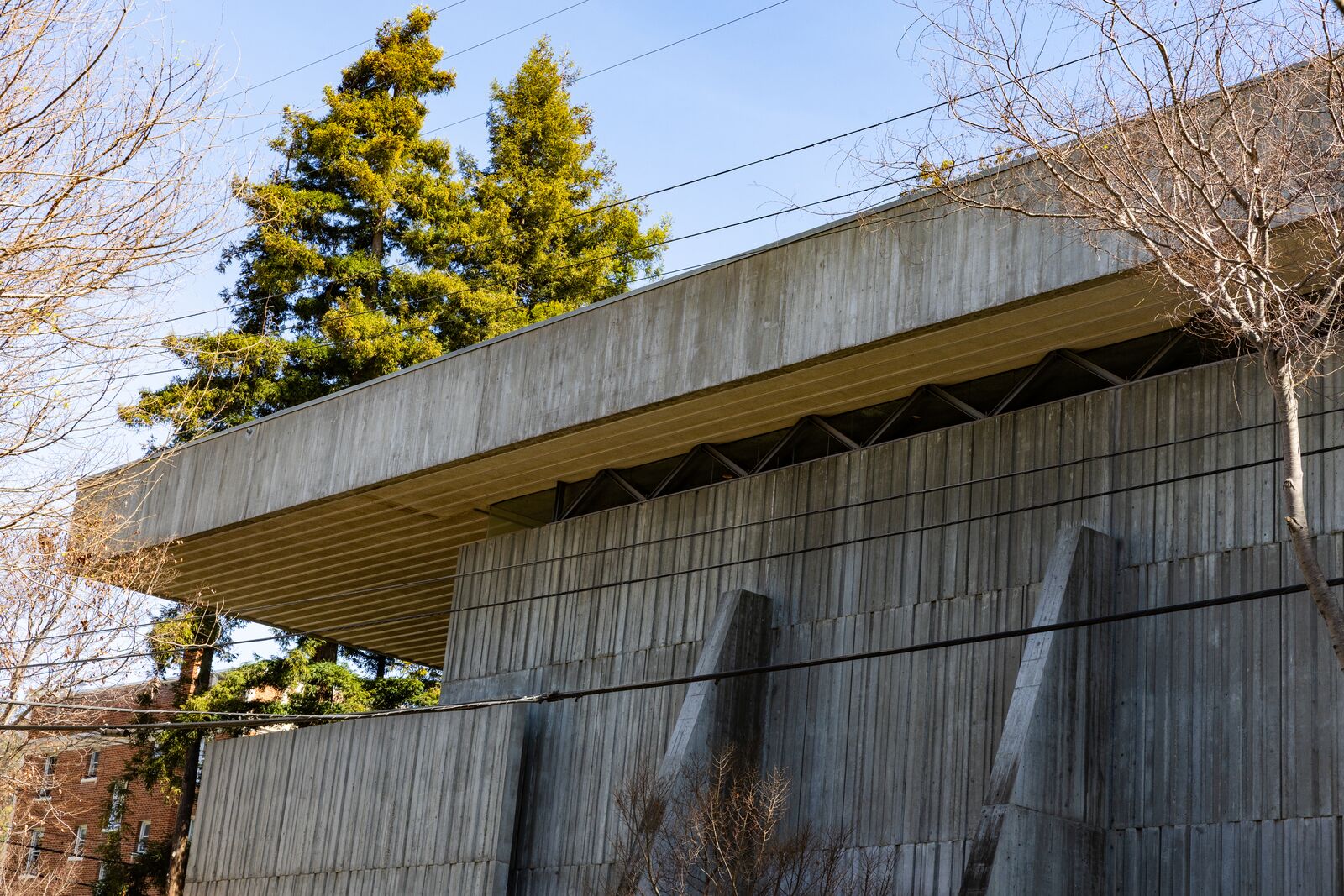 A view of the concrete exterior of a church