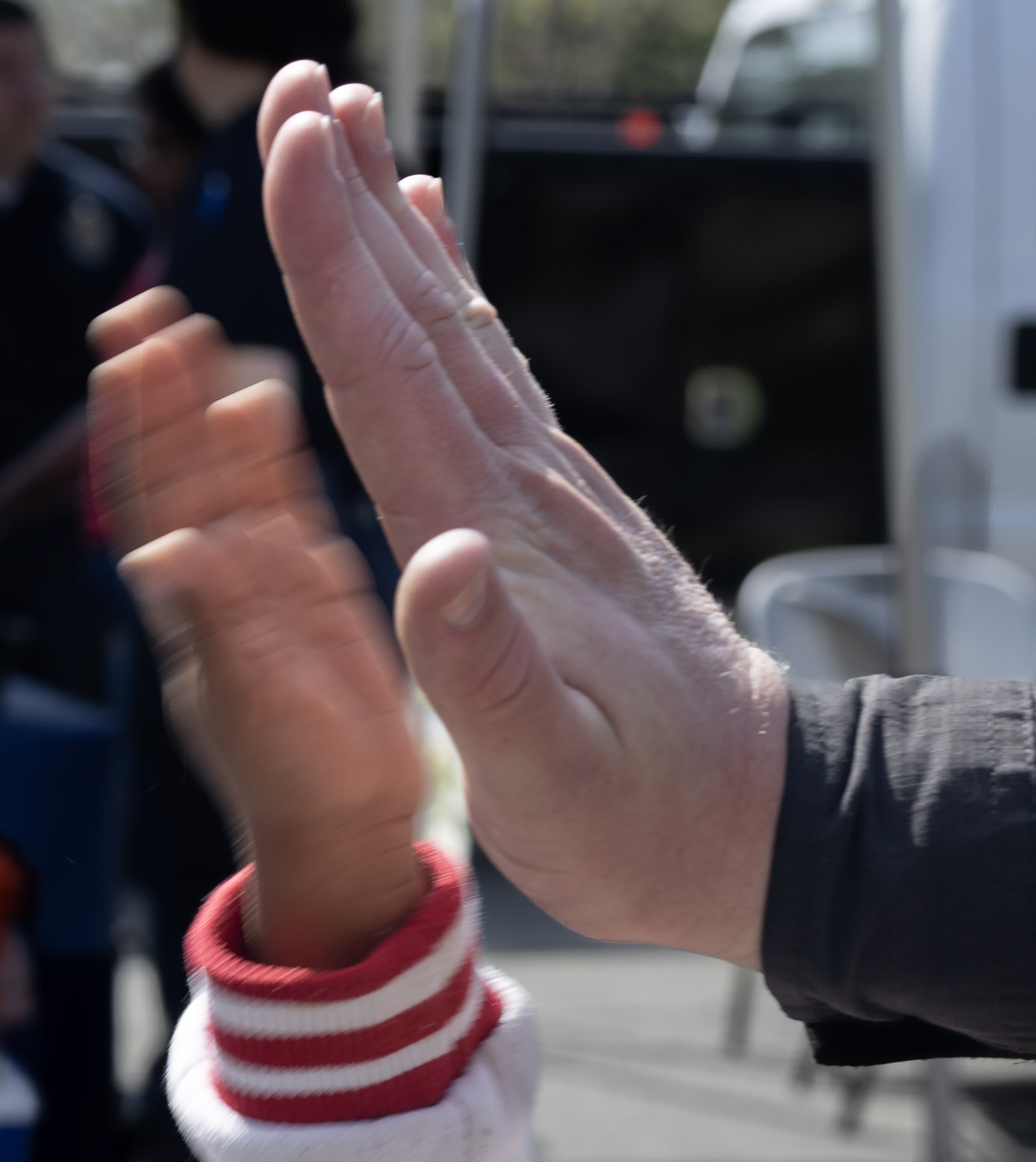 Children receive encouragement from Garden Grove police officers during the...