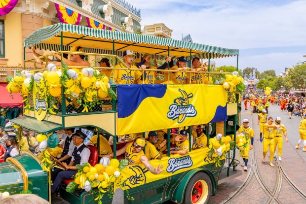 The Savannah Bananas take part in a cavalcade along Main Street U.S.A. at Disneyland in 2025. (Courtesy of Disneyland)