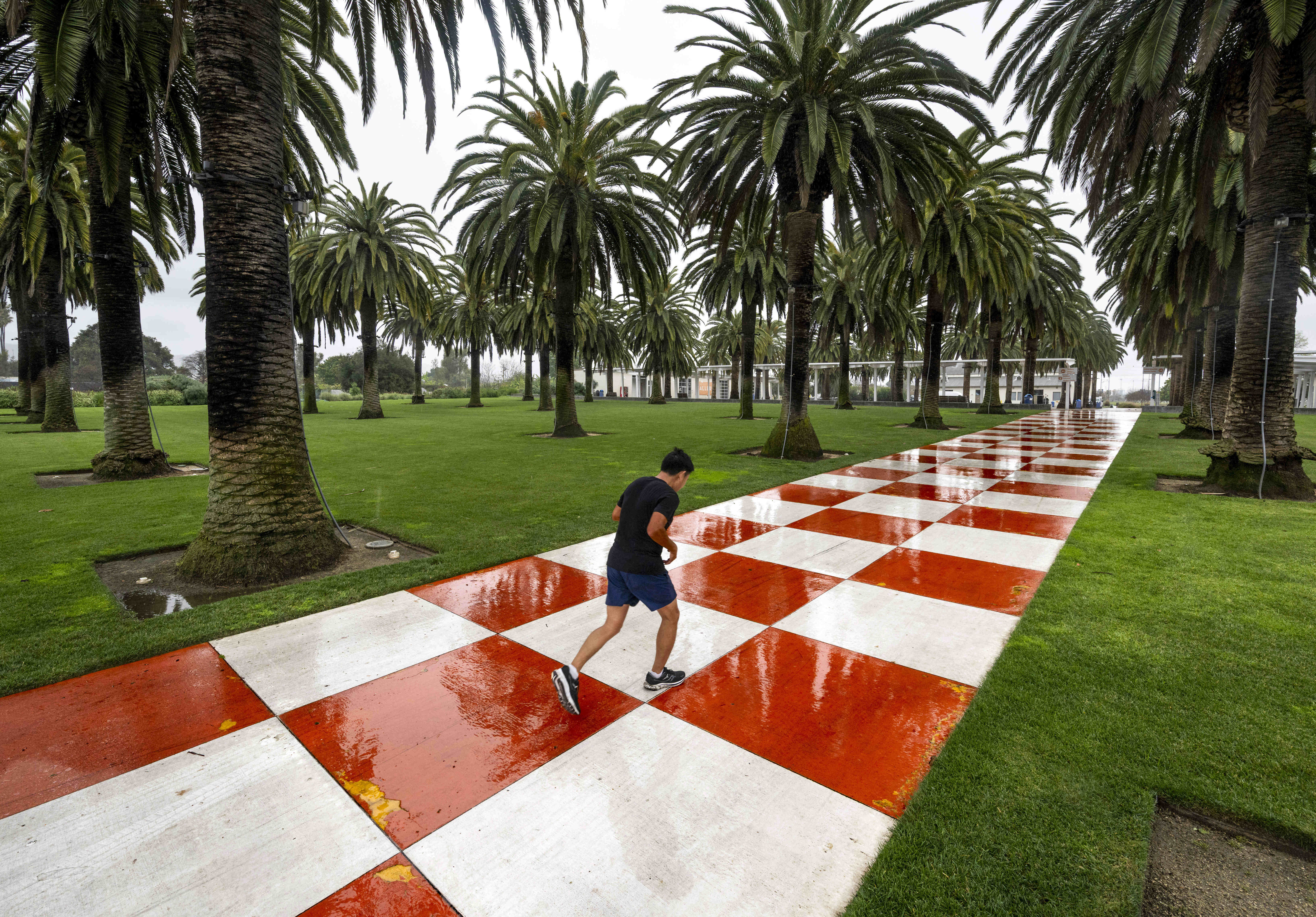 A man jogs in the rain through the Palm Court...