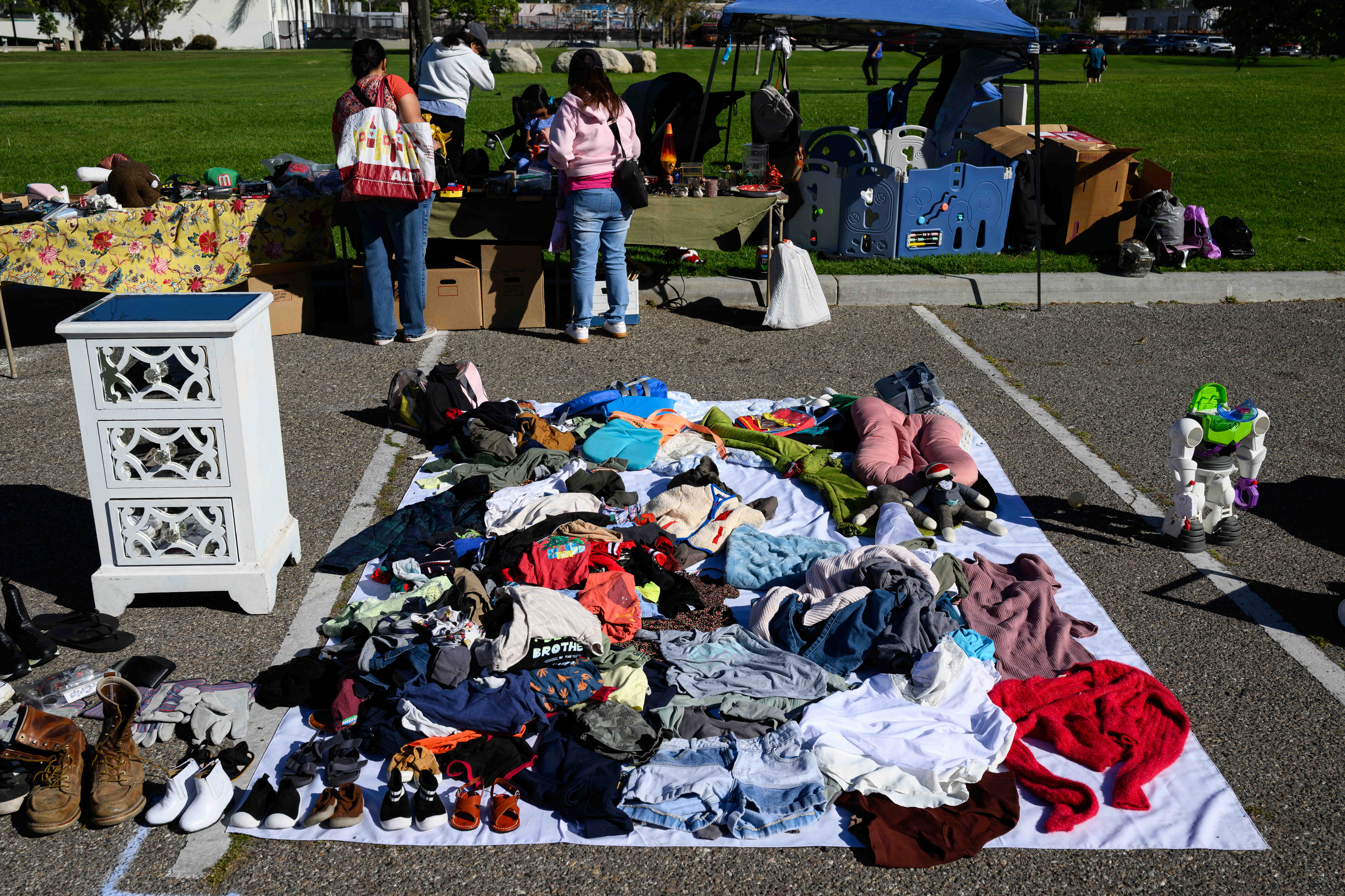A pile of clothes is seen on display during a...