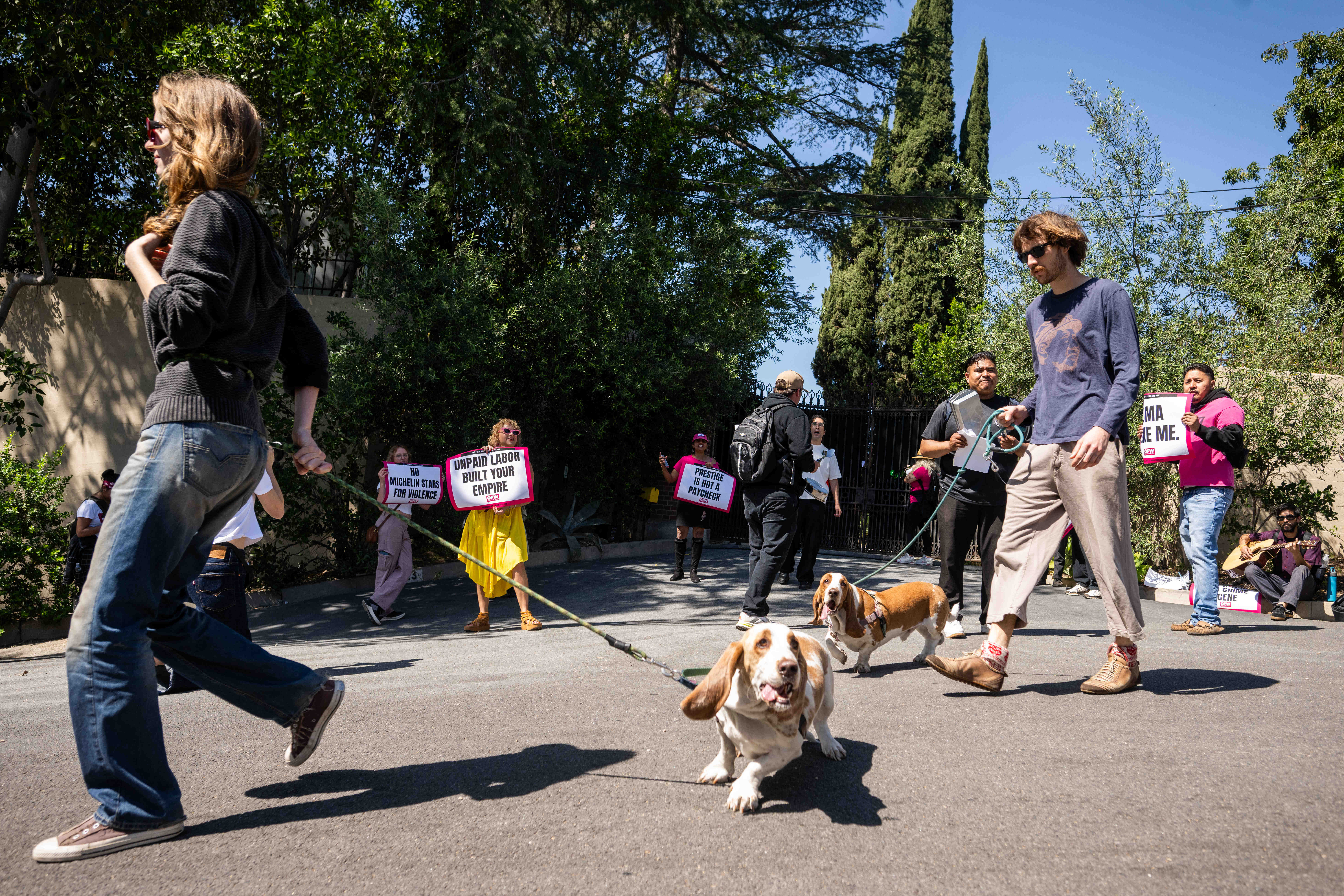 People walk dogs past a protest outside the Noma LA...