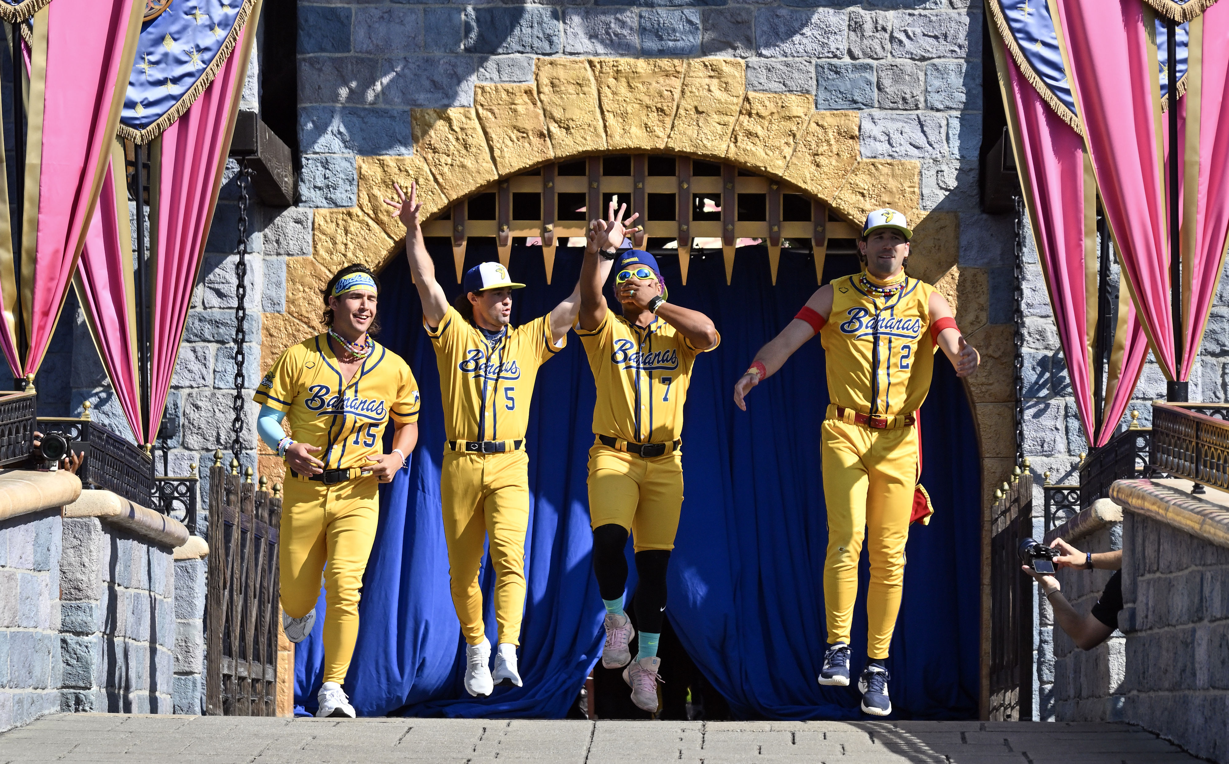 Savannah Bananas outfielders RobertAnthony Cruz (15), DR Meadows (5), Ty...