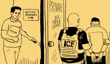 A person labeled "Asylum" walks toward "Routine Appointments" while another person in handcuffs is escorted by an ICE agent into a private ICE Field Office.