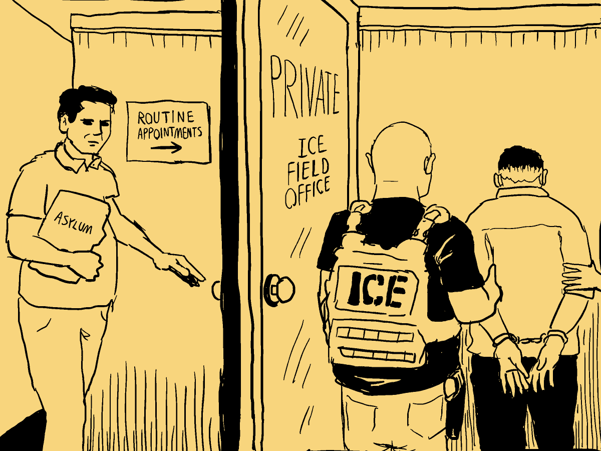 A person labeled "Asylum" walks toward "Routine Appointments" while another person in handcuffs is escorted by an ICE agent into a private ICE Field Office.
