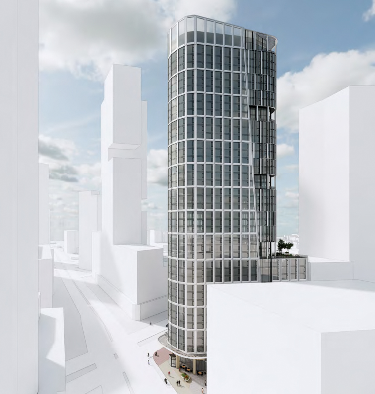 One Oak aerial view looking down Van Ness Avenue, rendering by SCB