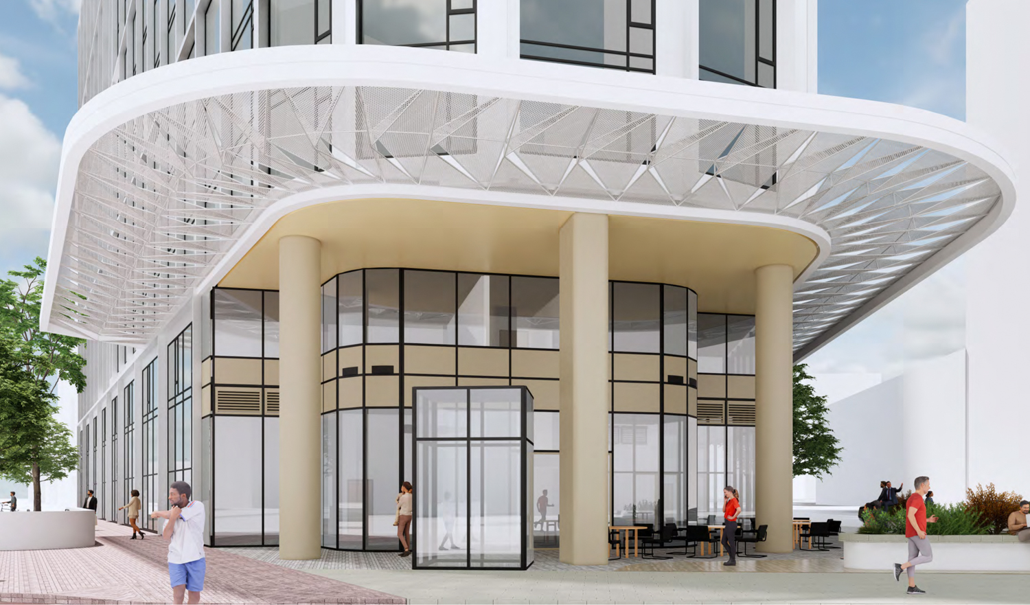 One Oak pedestrian activity and lobby view, rendering by SCB