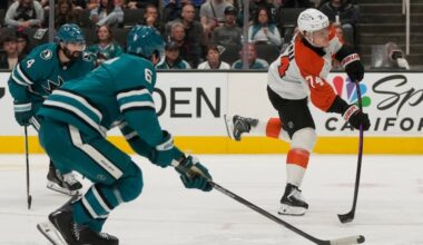 Flyers right wing Owen Tippett (right) scores a goal to put his team on the board in the second period.