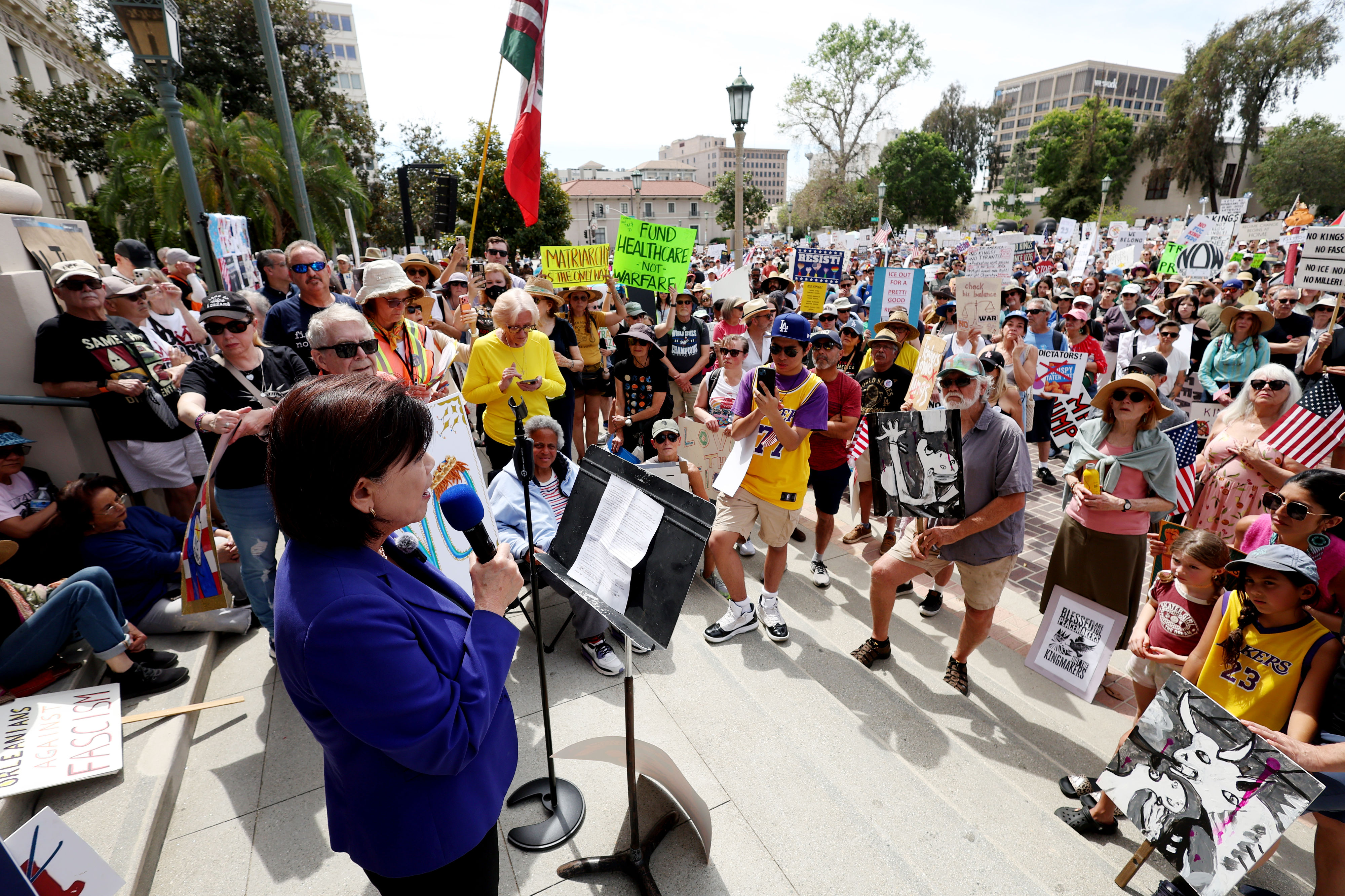 Congresswoman Judy Chu speaks outside of Pasadena City Hall during...