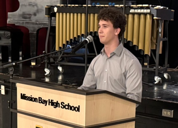 Mission Bay High Senior Elias Nupsl introducing his mini-documentary "The Making of the Music: A Chicano Love Story" during a Feb. 4 movie screening on campus. (Cyril A. Reinicke)