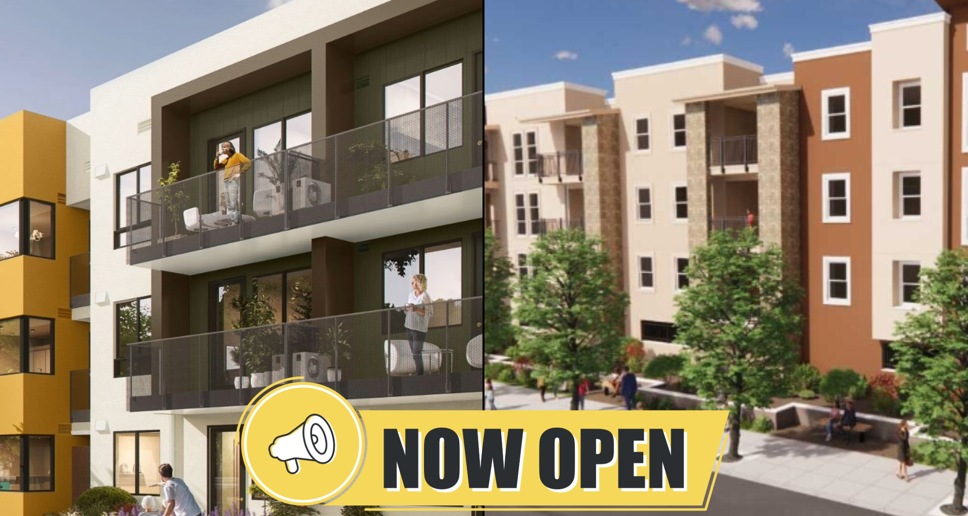 two apartment building renderings with text that says now open