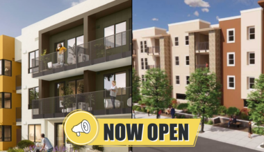 two apartment building renderings with text that says now open