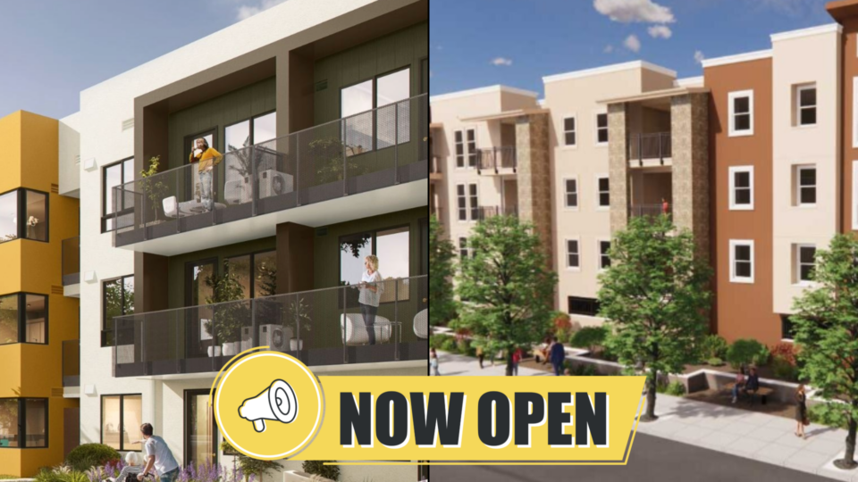 two apartment building renderings with text that says now open