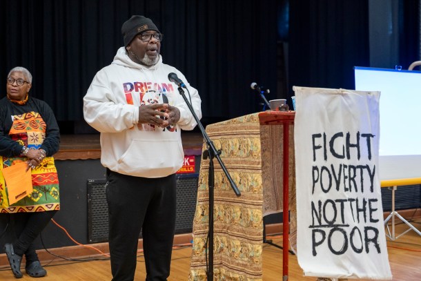 Longtime local activist Kevin Carter addresses a room full of people at the Fruitridge Community Center during the “Fight Poverty, Not the Poor” festival held at the Fruitridge Community Center. Russell Stiger Jr., OBSERVER